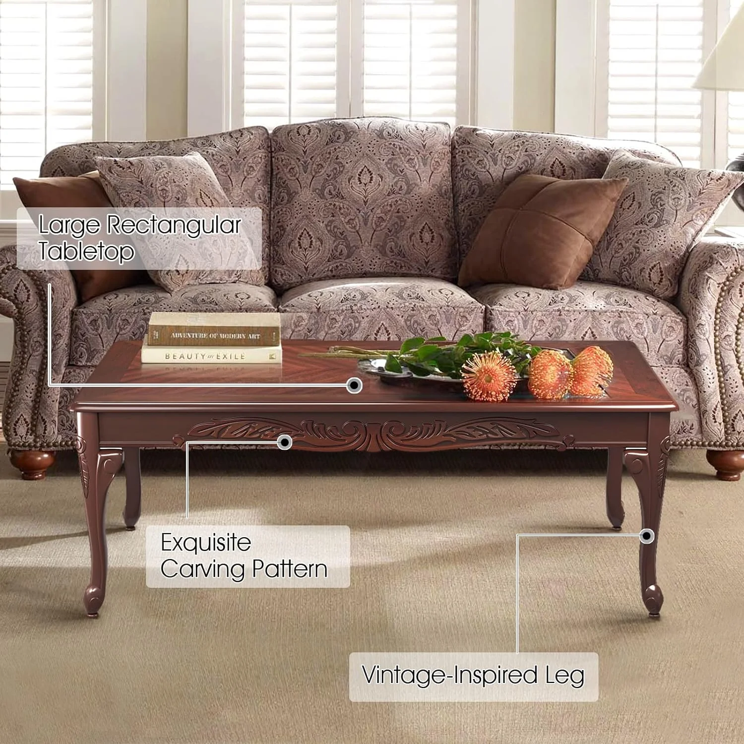 Modern 3 Piece Coffee Table Set, Wood Farmhouse Living Room Table Set Of 3, Includes 1 Rectangular Coffee Table & 2 Square End Tables With Carving Pattern, Espresso
