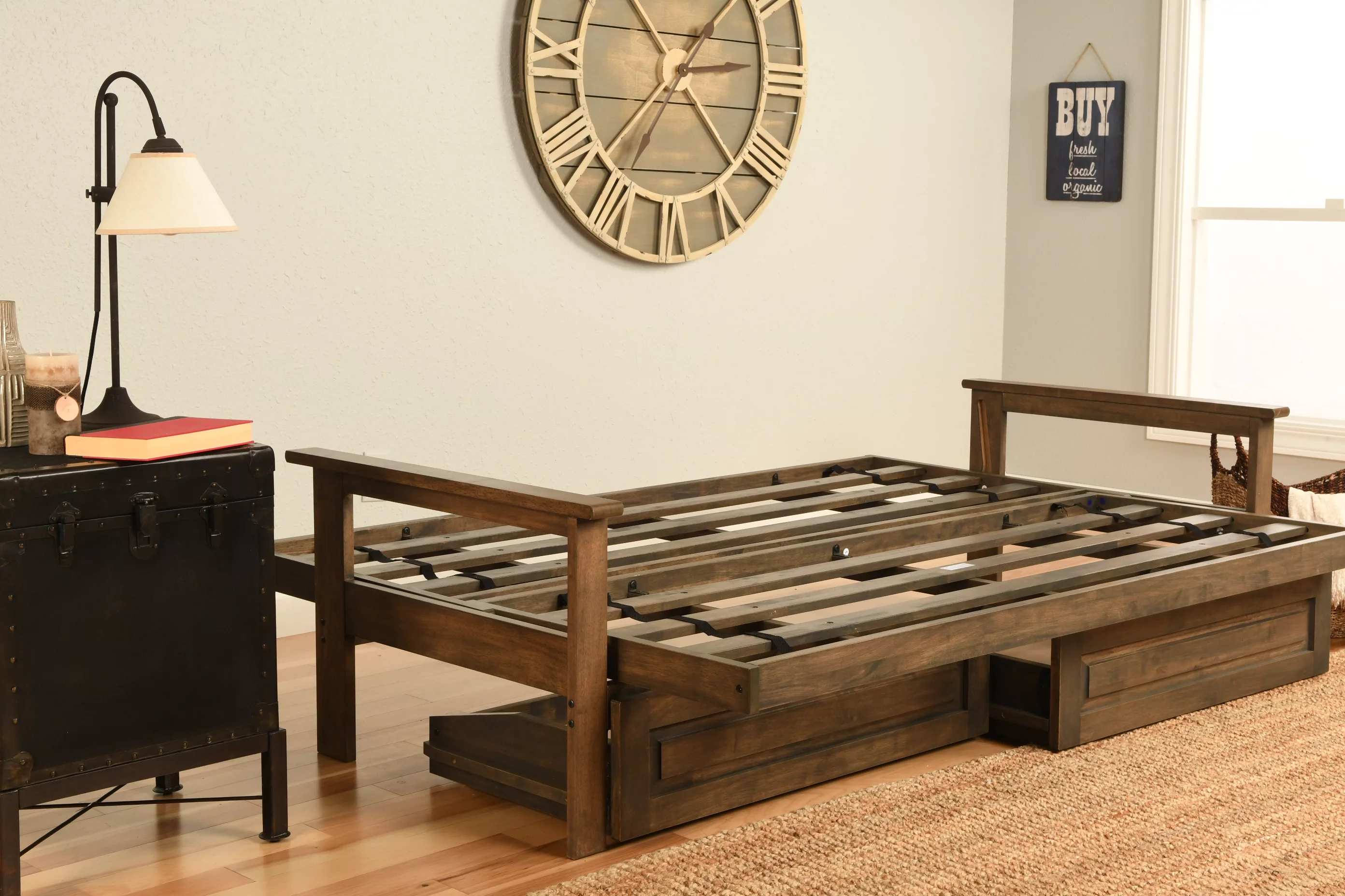 Albany Futon with storage in Rustic Walnut Finish, Multiple Colors