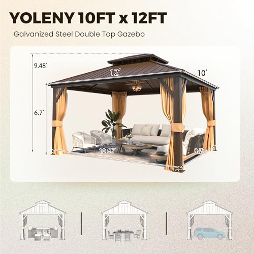 YOLENY 10' x 12' Hardtop Gazebo, Wood-Looking Gazebo with Galvanized Steel Double Roof, Aluminum Frame, Permanent Metal Pavilion with Netting and Curtains for Deck, Backyard, Patio and Lawns