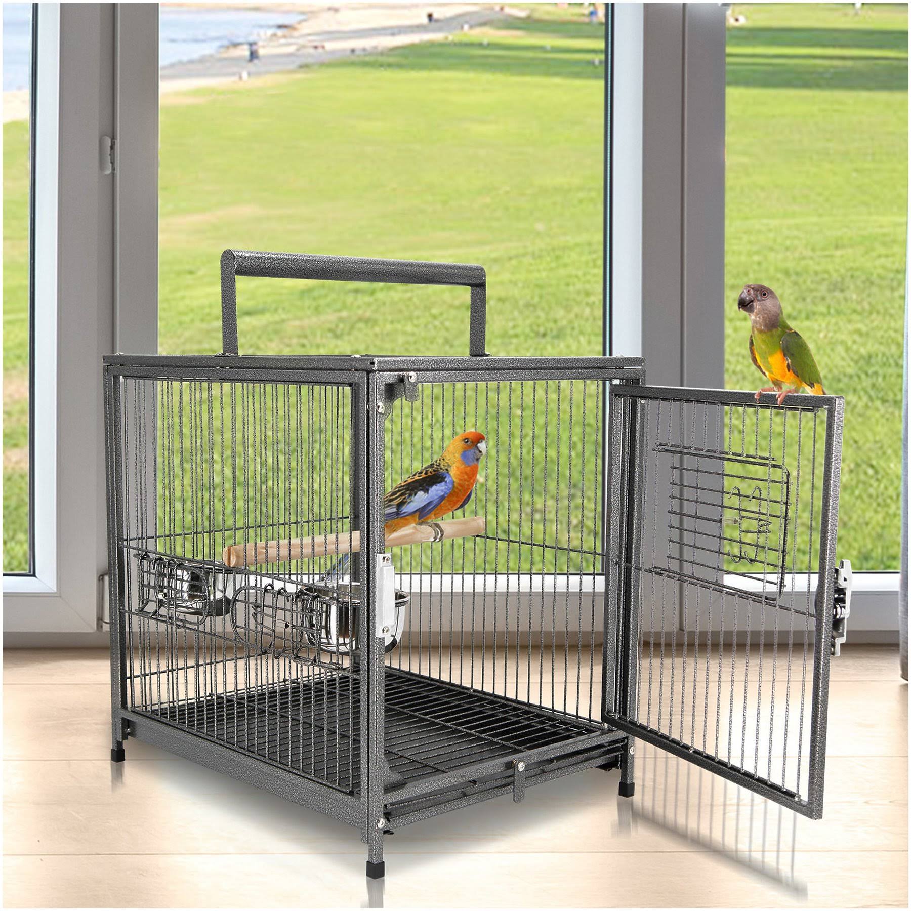PawHut 22x22 Heavy Duty Wrought Iron Travel Bird Cage Carrier with Handle Perch and Accessories - Black