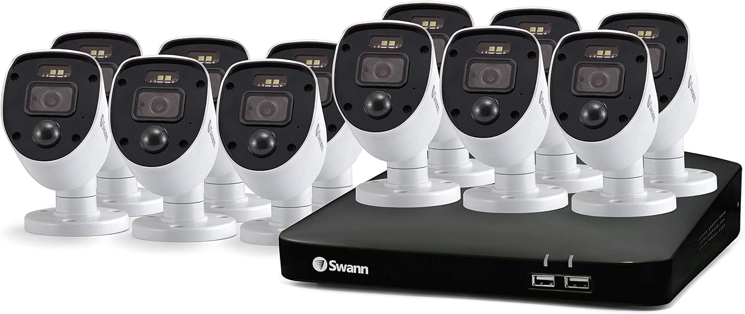 Swann Home Security Camera System 16 Channel 12 Cameras DVR CCTV, Wired Surveillance 1080p Full HD + 1TB HDD, Color Night Vision, Heat & Motion Sensing, Alexa + Google, SWDVK-16468012SL-US
