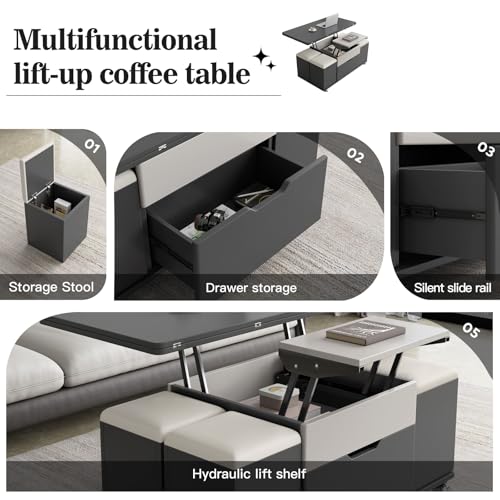 Lift Top Coffee Table with 4 Seats, 3 in 1 Mutifunction Center Table with Storage Pu Stools,Coffee Table Converts to Dining Table for Kitchen, Living Room, Bedroom