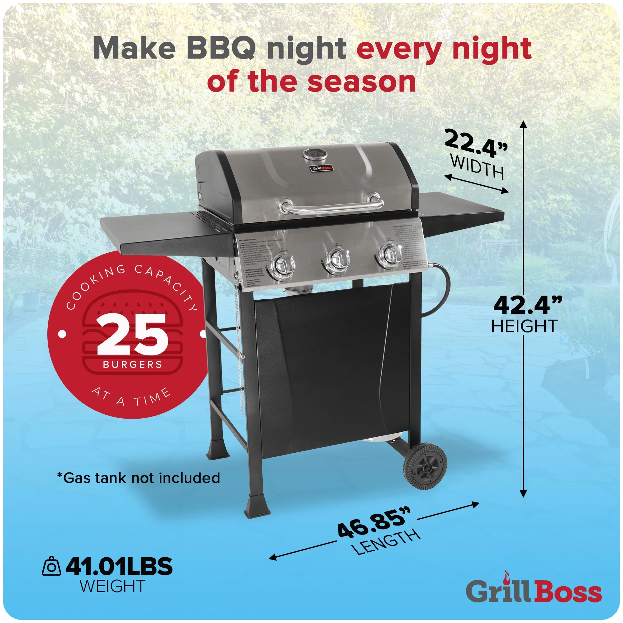 Grill Boss 4-Burner Gas Grill w/ Side Burner, Cover, and Side Shelves
