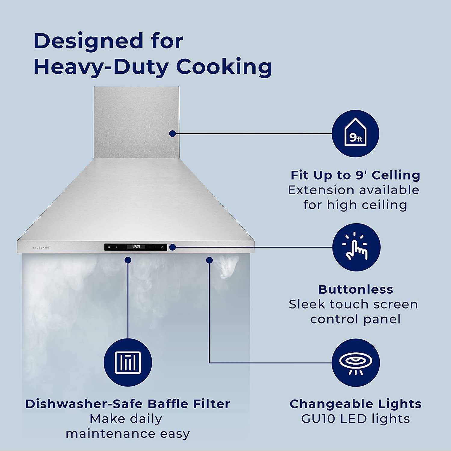 Hauslane WM-538 Wall Mount Range Hood, 3 Speeds, LED, Baffle Filters, Convertible, Stainless Steel