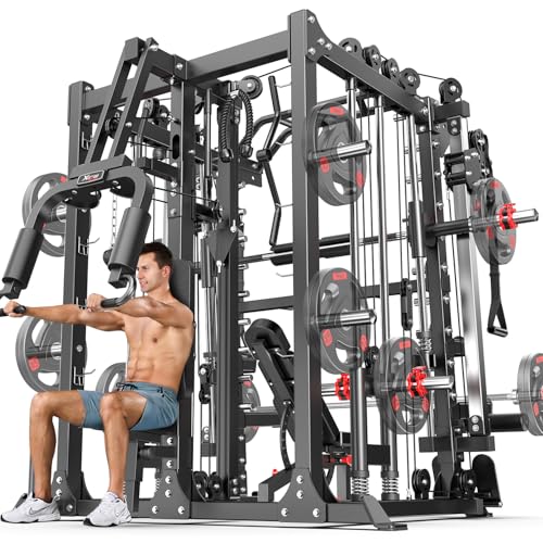L05/07 Smith Machine，Multi-Function Squat Rack Power Cage with Cable Crossover System,with Weight Bench, Olympic Barbell Weight Set, for Home Gym