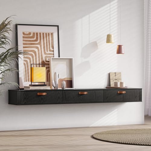 WAMPAT Floating TV Stand,Wall Mounted, Wood Media Console Entertainment Center with Cabinet, 70 inch floating tv shelf for Living Room, Bedroom,Black