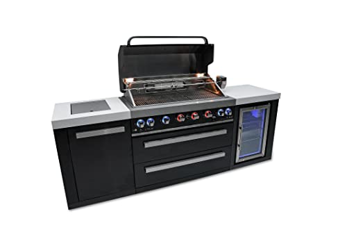Mont Alpi Stainless Steel Island Outdoor Kitchen Gas Barbecue Grill w/Wine Cooler Compact Refrigerator Beverage Center + Granite Countertops & Sides