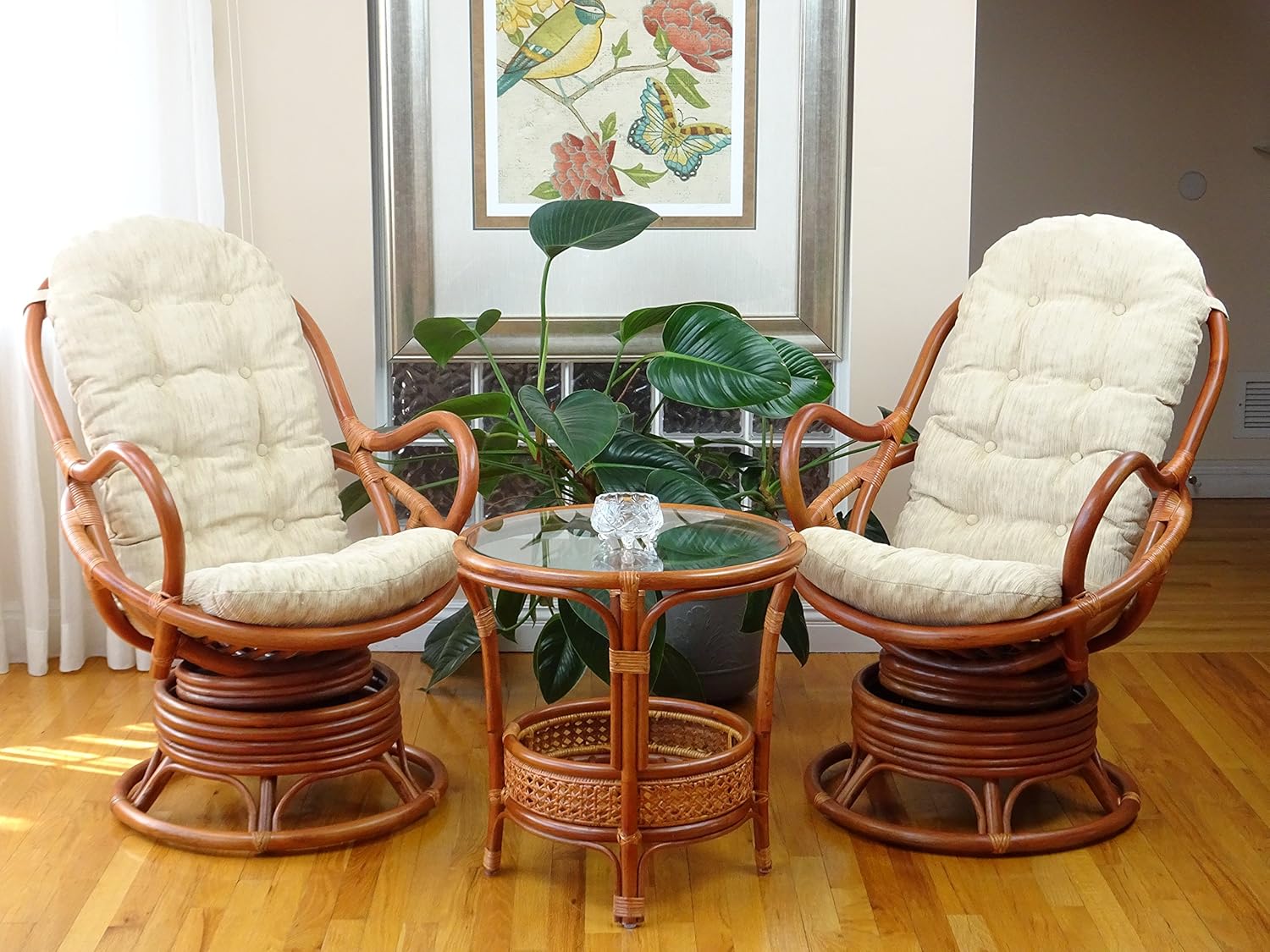 Wickerix 2 PC Java Swivel Rocking Chair Natural Handmade Rattan Set: Lounge Arm Chair w/Cream Cushion and Coffee Table, Colonial