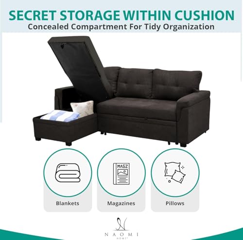 Naomi Home Jenny Sectional Sofa Sleeper with Storage Chaise, Tufted Pull Out Couch with Storage, L-Shaped Reversible Sleeper Sofa with Storage, Black,Air Leather