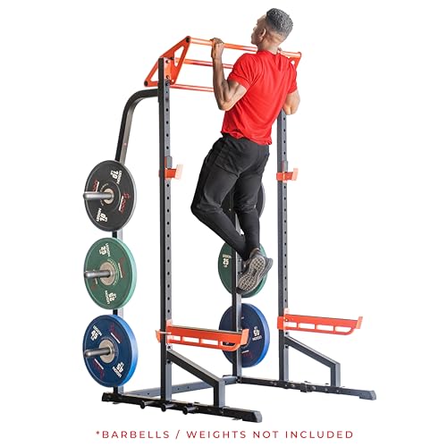 Sunny Health & Fitness Power Zone Half Rack Heavy Duty Performance Power Cage with J-Hooks, Adjustable Pull Up Bar Optional Bench with Dumbbell Rack, Premium Incline Bench, LAT Pull Down Attachment
