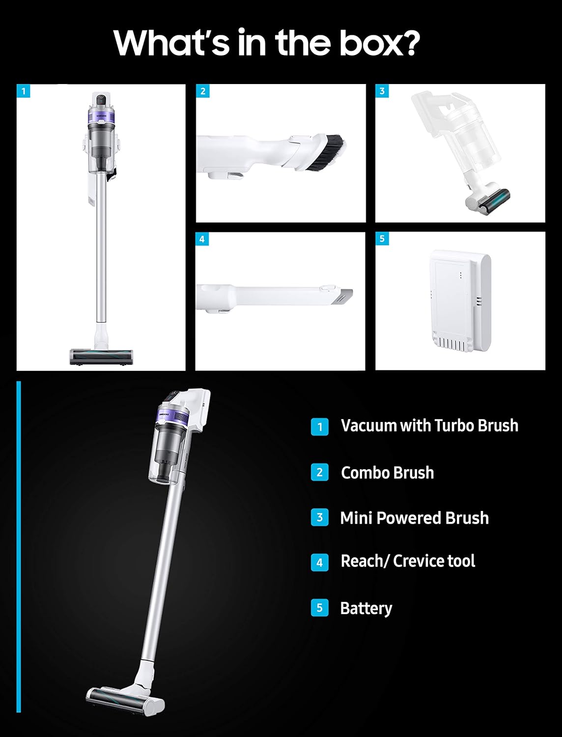 Samsung Jet 70 Pet Cordless Stick Vacuum Long Lasting Battery and 150 Air Watt Suction Power, Complete with Mini Motorized Tool, Violet