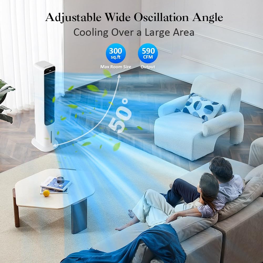 Swamp Cooler, 41" Evaporative Air Cooler With 4 Ice Packs, Remote, 50° Oscillation 3 Speeds 3 Wind Modes, Bladeless Cooling Fan That Blow Cold Air, Portable Air conditioner For Bedroom Home Office