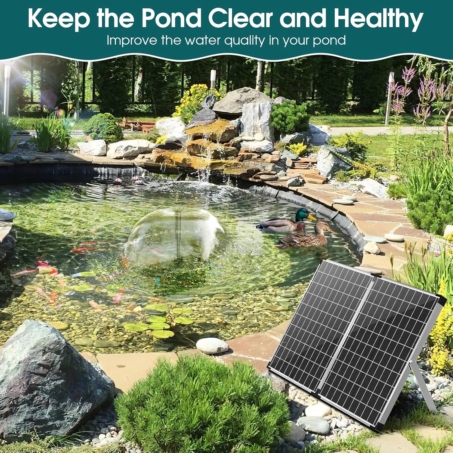 Antfraer 55W Solar Pond Filter with Water Pump, Solar Fountain Pump with Pond Filter Kit, Solar Pond Filter Box, 6.6 Clear Tubing for Outdoor Pond Garden Fountain Waterfall Water Feature
