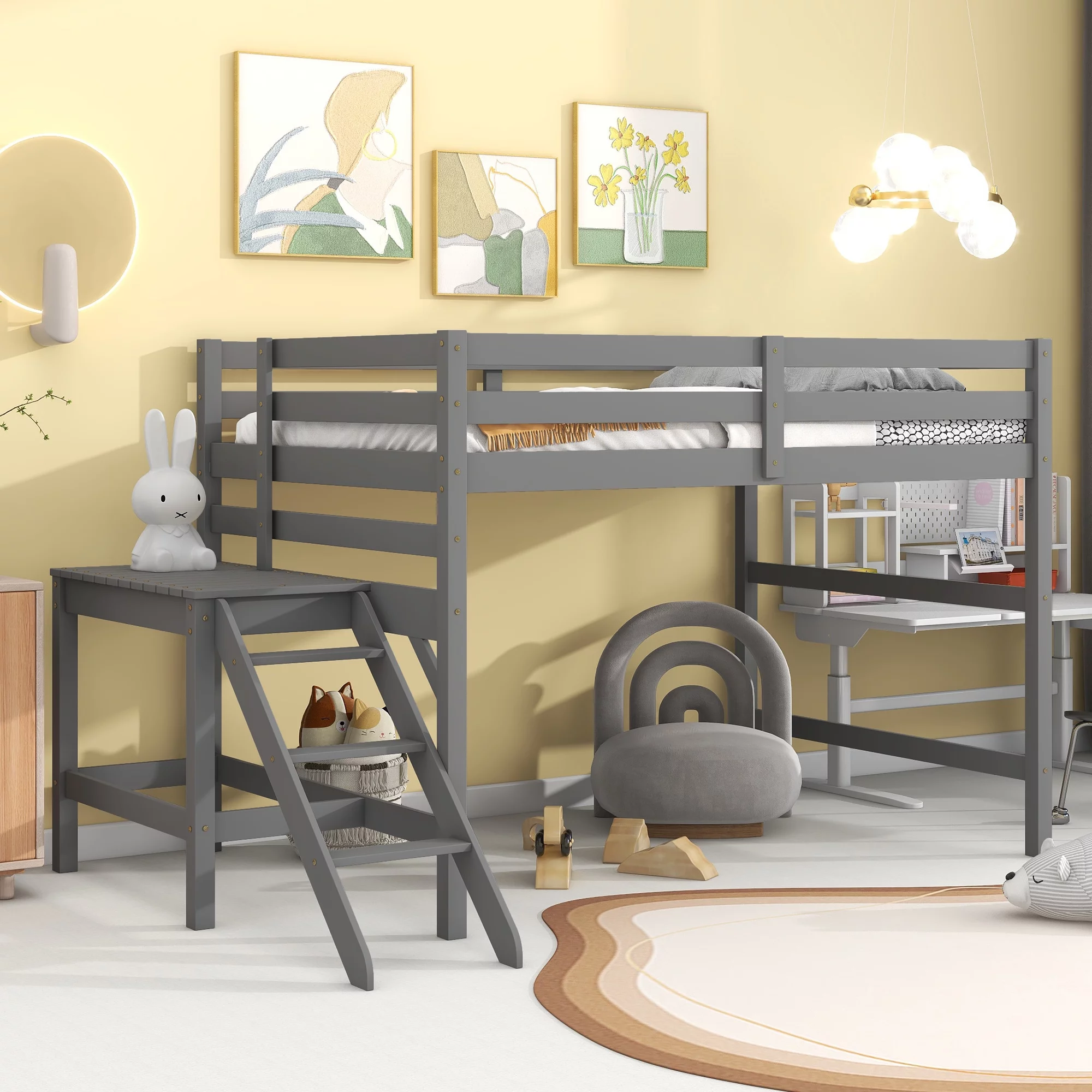 Bellemave Full Wood Loft Bed with Full-length Safety Rail and Ladder, Space-Saving Bedroom Low Loft Bed for Kids (Gray)