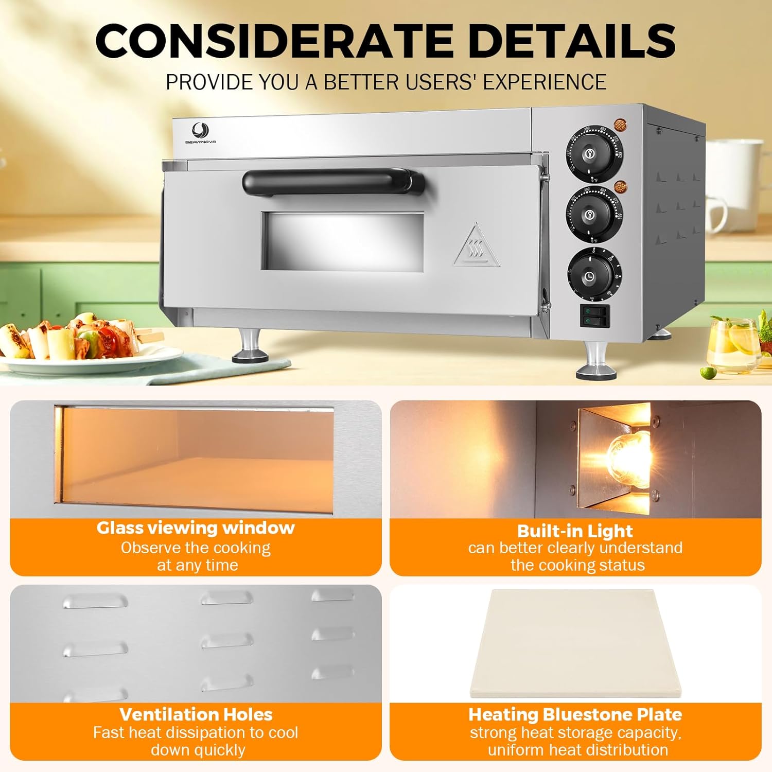BEAMNOVA Electric Commercial Pizza Oven Countertop,1900W Adjustable Temperature Pizza Oven with 12 Inch Pizza Pan and Pizza Stone for Restaurant Home Pretzels Baked…
