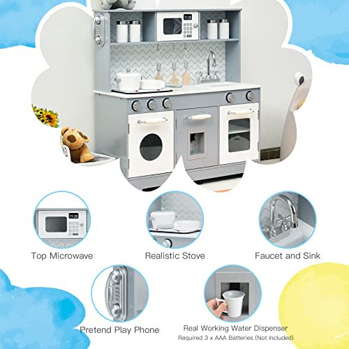 HONEY JOY Kids Kitchen Playset, Wooden Little Chef Pretend Play Toy Kitchen Set, Range Hood & Microwave with Lights, Water Dispenser, Fabric Drawer, Play Kitchen for Toddler Boys Girls, Coffee