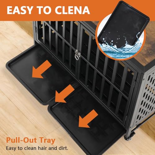 LUCKUP Heavy Duty Dog Crate Furniture for Medium and Large Dogs, Dog Kennel Indoor Dog Cage end Table, Wooden Metal Pet House with Trays, Lockable Wheels 42inch Black