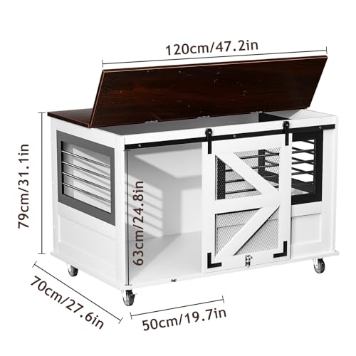 48'' Dog Crate Furniture with Removable Divider & Storage Drawers, Wooden Double Dog Cage TV Stand with 2 Sliding Barn Doors, Multi-Functional Dog Crate End Table for Indoor use (White)