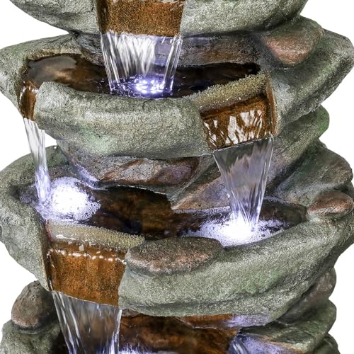 SunJet 40" High 6-Tiers Cascading Rock Outdoor Water Fountain with LED Lights - Large Outdoor Fountains and Waterfalls for Garden or Patio, Yard, and Deck Decor, Featuring Natural Stone Look