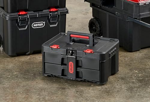 Keter Stack-n-Roll Modular Tools Organizer for Garage Storage and DIY, 3 Piece Resin Rolling Tool Box System for Small Parts, Black