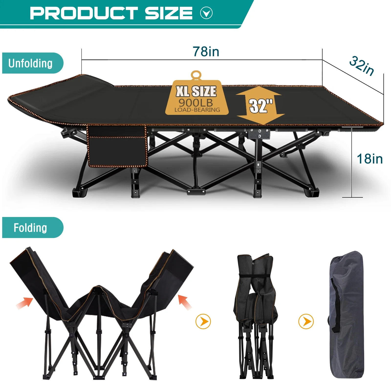 NAIZEA 78" Oversized XL Folding Bed Cot with Mattress, Folding Camping Cot with Carry Bag, Portable Rollaway Guest Sleeping Cot, Guest Bed, Support 900 lbs