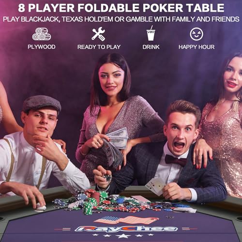 8 Players Poker Table Foldable,50inch Upgraded Folding Octagon Casion Table, Portable Texas Holedem Table w/Stainless Steel Cup Holders, Water-Resistant Cushioned Rail (Brown)