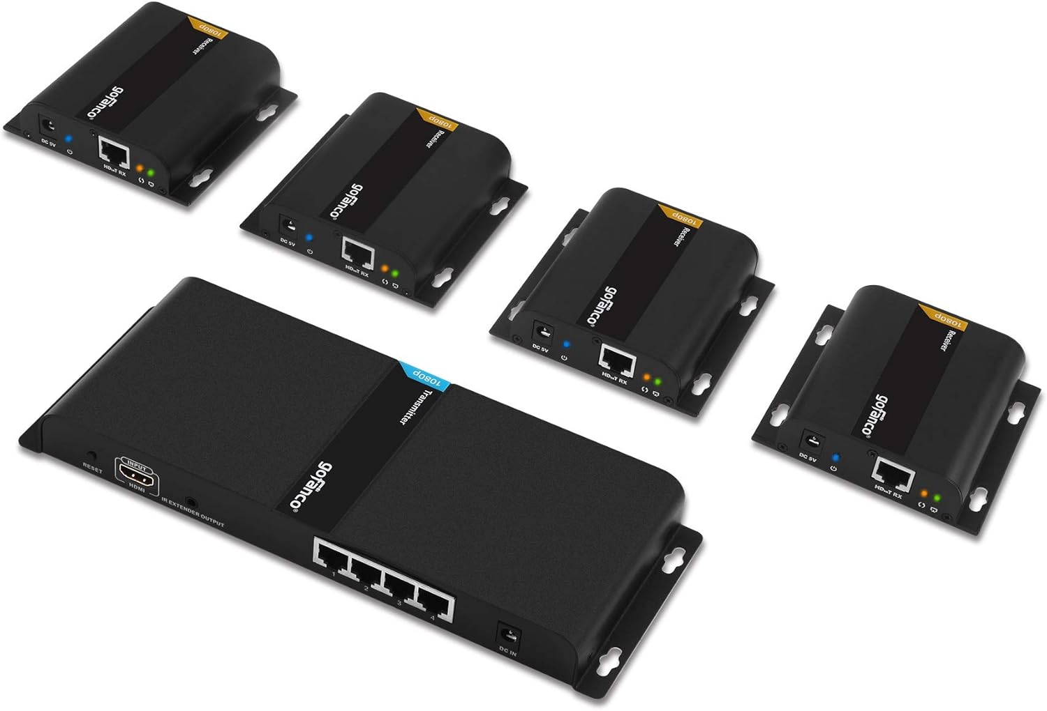 gofanco 1080p 1x4 HDMI Extender Splitter Balun – Up to 395ft (120m), Direct Connection from Transmitter to Receivers Over CAT5e / CAT6 or Over IP via Gigabit Switch, IR Extension, 4port (HDbitT4Pv2)