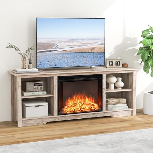COSTWAY Electric Fireplace TV Stand for TVs up to 75 Inches, 1500W Heater Insert with Remote Control, 3 Flame Colors, 70-inch Wooden Entertainment Center with Adjustable Shelves, Black