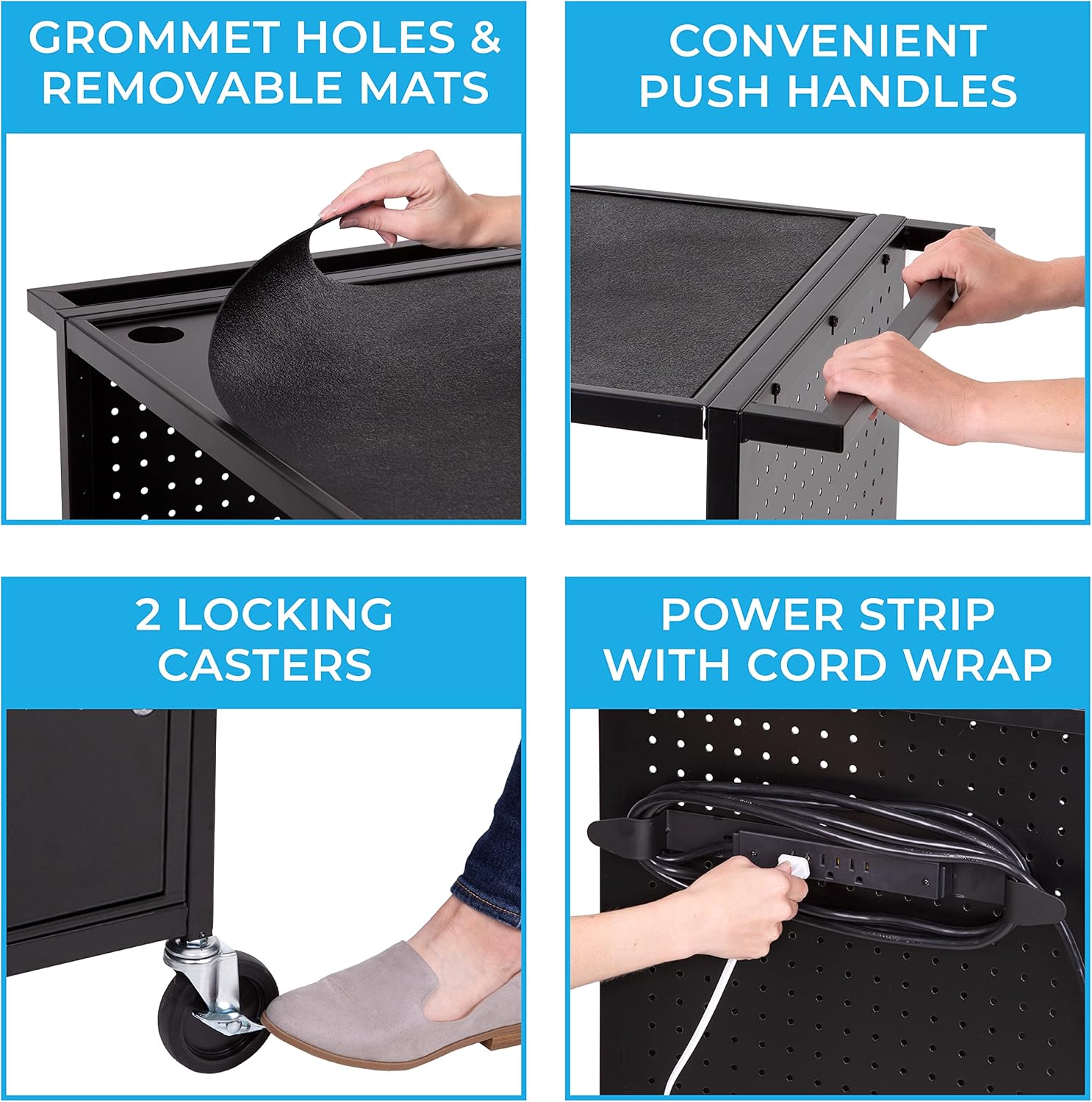 Line Leader Stellar AV Cart | Computer Cart with Pegboard Siding & 12 Hooks for Customizable Storage | Locking Cabinet & Pullout Keyboard Tray | UL Safety Certified Power Outlets | Locking Wheels