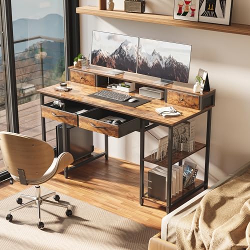 Treesland 55 Inch Computer Desk with Monitor Shelf, 24" Deep, Home Office Desks with Storage, Office Desk with 4 Drawers, Work Desk, Study Writing Desk, Desk with Drawers, Brown