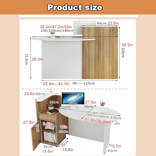  Reception Desk,Wooden Computer Desk Reception Table，White Oval Desktop & Brown Counter，Standing Front Table for Office, Home, School, Salon, Spa ( Color : Brown right , Size : 55*23.6*28.5in )