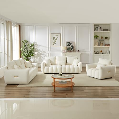 2 Piece Teddy Cloud Sofa Couch Set, Modern Deep Seat 3 Seater Boucle Sofa & Single Sofa Chair, Cozy Upholstered Sherpa Living Room Furniture Set for Apartment Office, Black