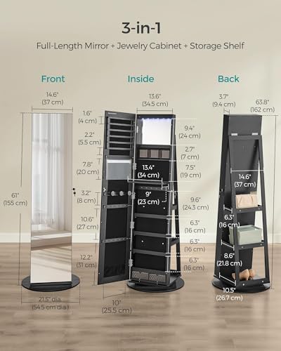 SONGMICS 6 LEDs Lockable Mirror Jewelry Cabinet, 360° Swivel Jewelry Organizer, Standing Jewelry Armoire, Frameless Full-Length Mirror, 3 Storage Shelves, White Surface, Black Lining UJJC007W01