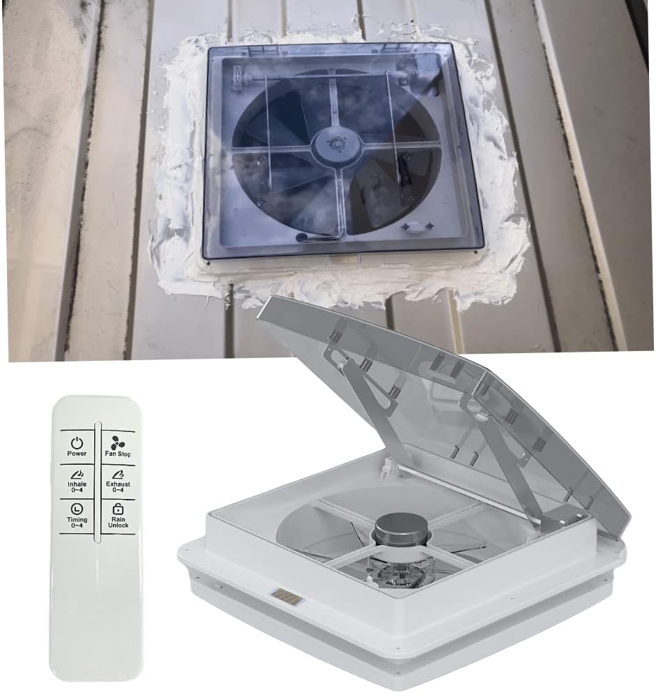 Automatic 12 RV Vent Fan Ultra Less Noise Motor with Remote, Air Max RV Ventilation 12V Speeds Reversible Exhuast RV Roof Vent, Motorhome Camper Van Trailer Bathroom Roof Vent Fan with Translucent Smoke Lid