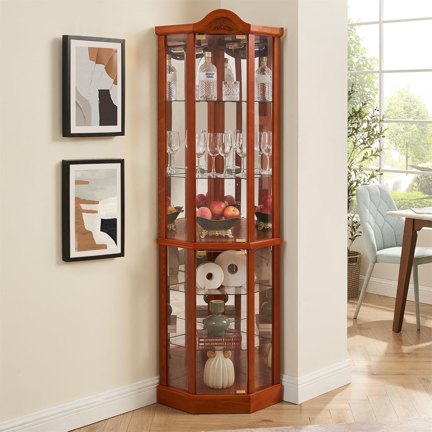 Lighted Curio Cabinet for Living Room, Corner Display Case with Tempered Glass Doors and Adjustable Shelves, Liquor Wine Storage Cabinet, Carved Decoration Glass Display Cabinet (Brown, 72''H)