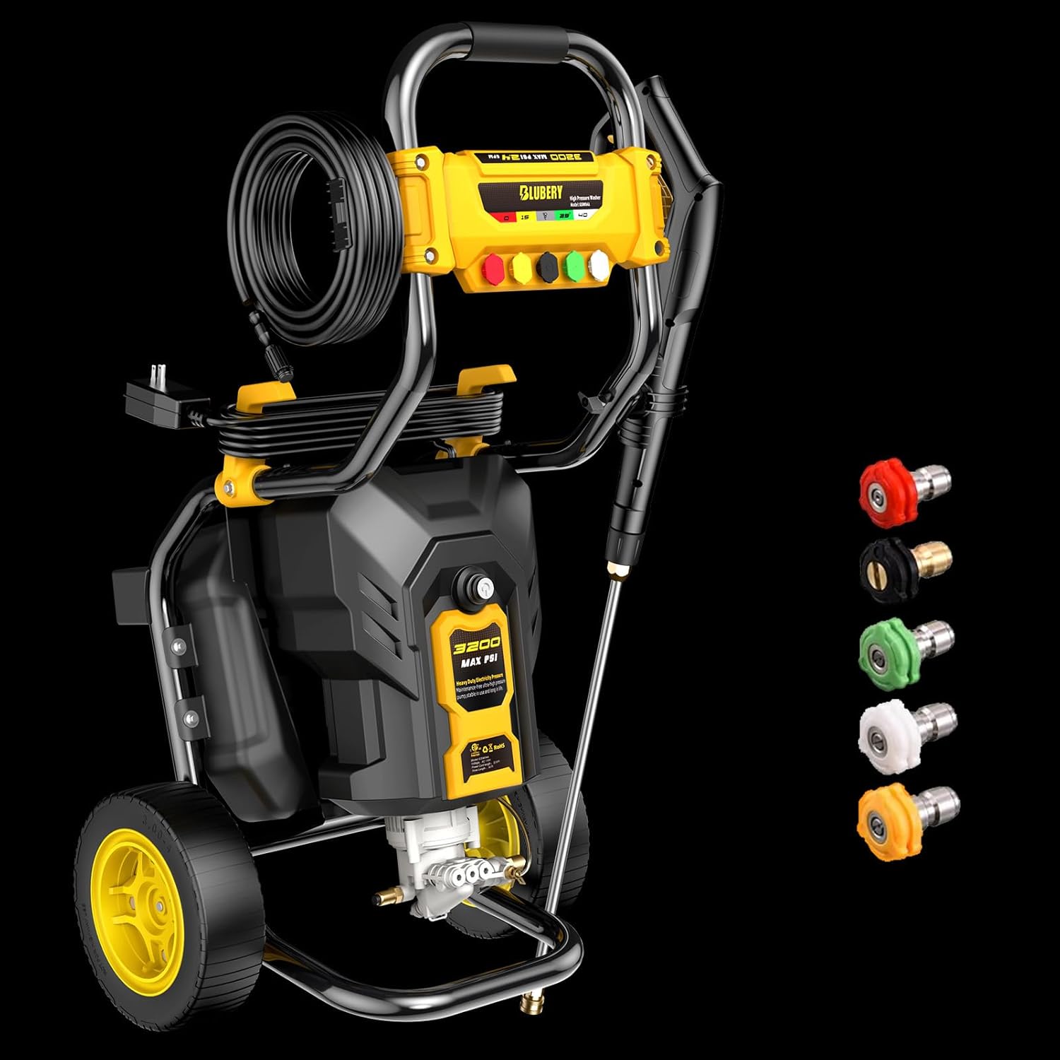 BLUBERY 3200 PSI Electric Pressure Washer, 2.4 GPM Heavy Duty Power Washer, 30Ft Pressure Hose&Max Soap Tank, 32.8ft Power Cord，5 Quick Nozzles, Commercial Washer,Black