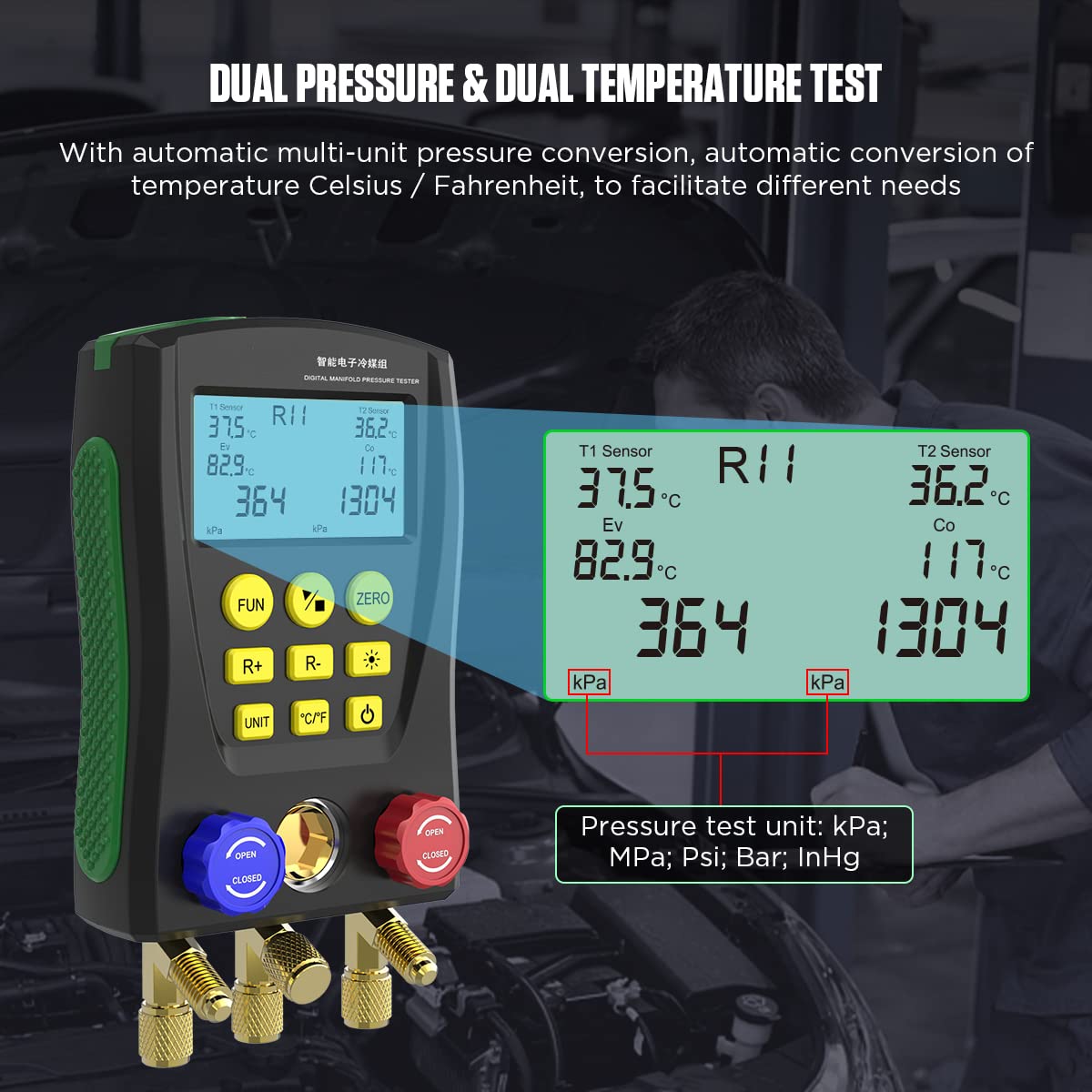 Digital Manifold Gauge Set HVAC Dual-Channel Temp Sensor HVAC Tools for 89 Kind of Refrigerant Digital AC Gauges Vacuum Pressure&Temp Test Digital HVAC Gauges with Hoses Digital Refrigeration Gauge