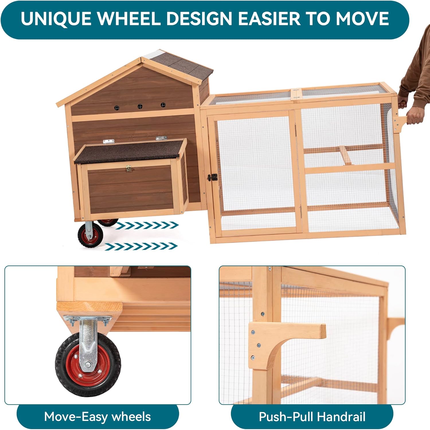 81”L Movable Chicken Coop with Wheels for 4-6 Chickens, Outdoor Chicken Coop with Run and Nesting Box Wooden Duck House Poultry Cage Chicken Hutch with Ramps for Hens Ducks and Rabbits