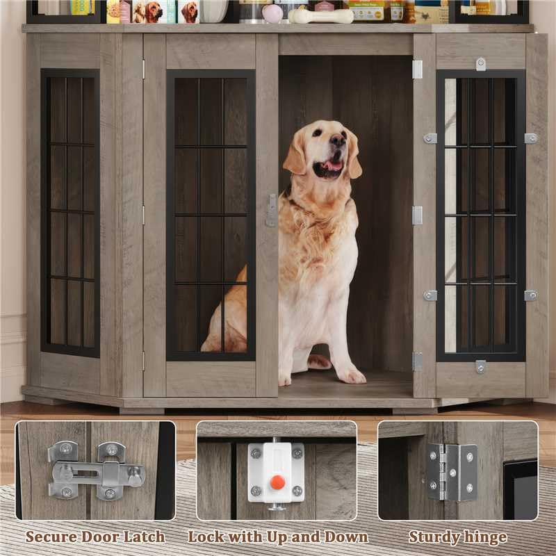 Corner Dog Crate Furniture with Storage, Decorative Large Dog Kennel Indoor Furniture with Double Doors, 2 Safety Locks, 4-Tier Shelves, Large Dog Cage Furniture for Medium and Big Dogs