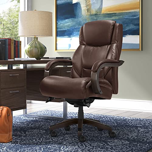 La-Z-Boy Delano Big & Tall Executive Office Chair, Ergonomic Mid-Back Body Pillow Lumbar Support, ComfortCore Memory Foam Cushion, Mahogany Wood Arms & Swivel Base, Bonded Leather, Chestnut Brown