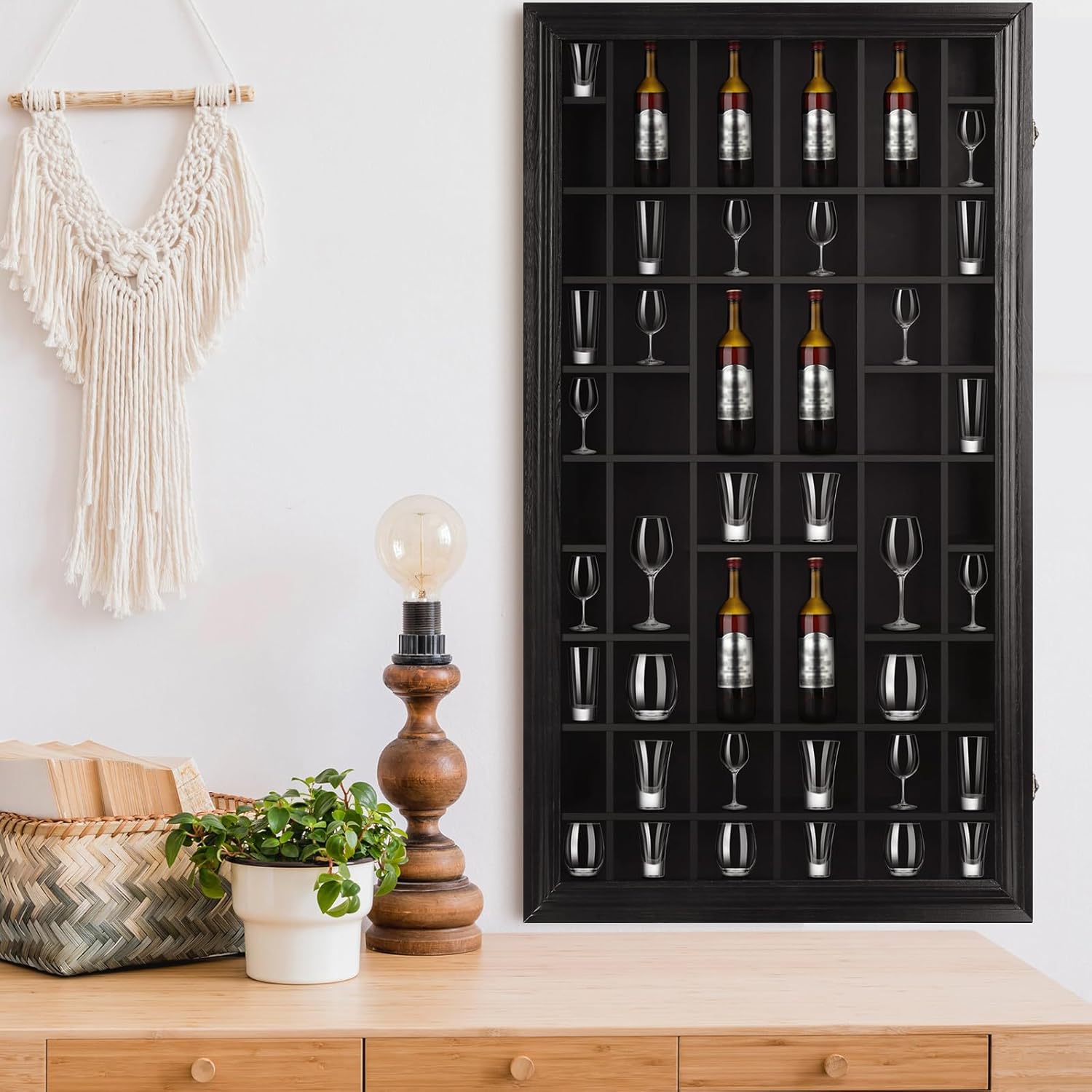 2 Pcs Shot Glass Display Case 50 Slots Wood Shot Glasses Holder 32.5 x 17.9'' Wall Mount Cabinet Rack Holder for Collectibles Glass Bar Cabinet with Lockable Acrylic Door