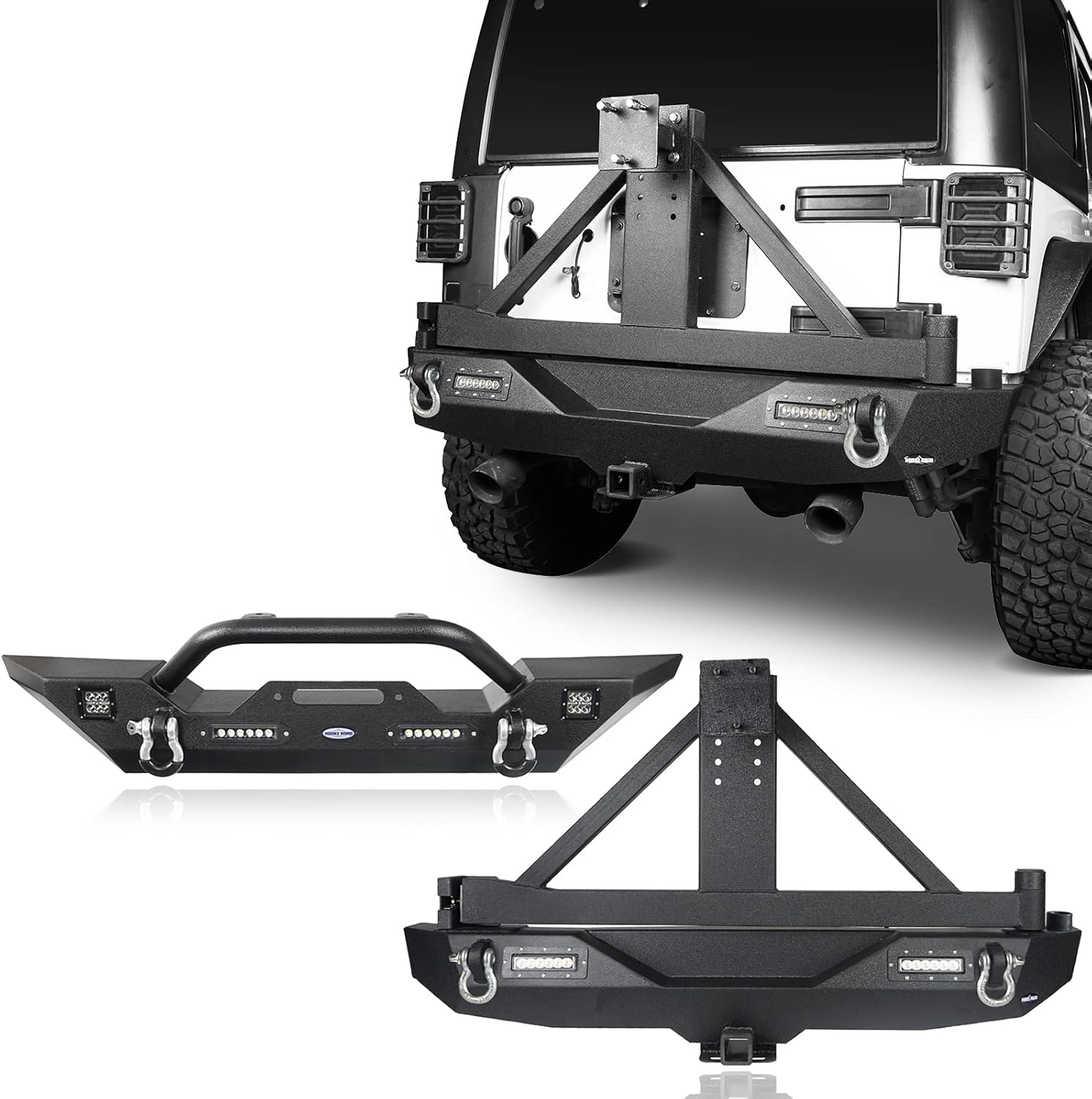 u-Box JK Wrangler Front & Rear Bumpers Combo w/ Winch Plate & Spare Tire Carrier & LED Lights & D Rings Compatible with Jeep JK Wrangler 07-18