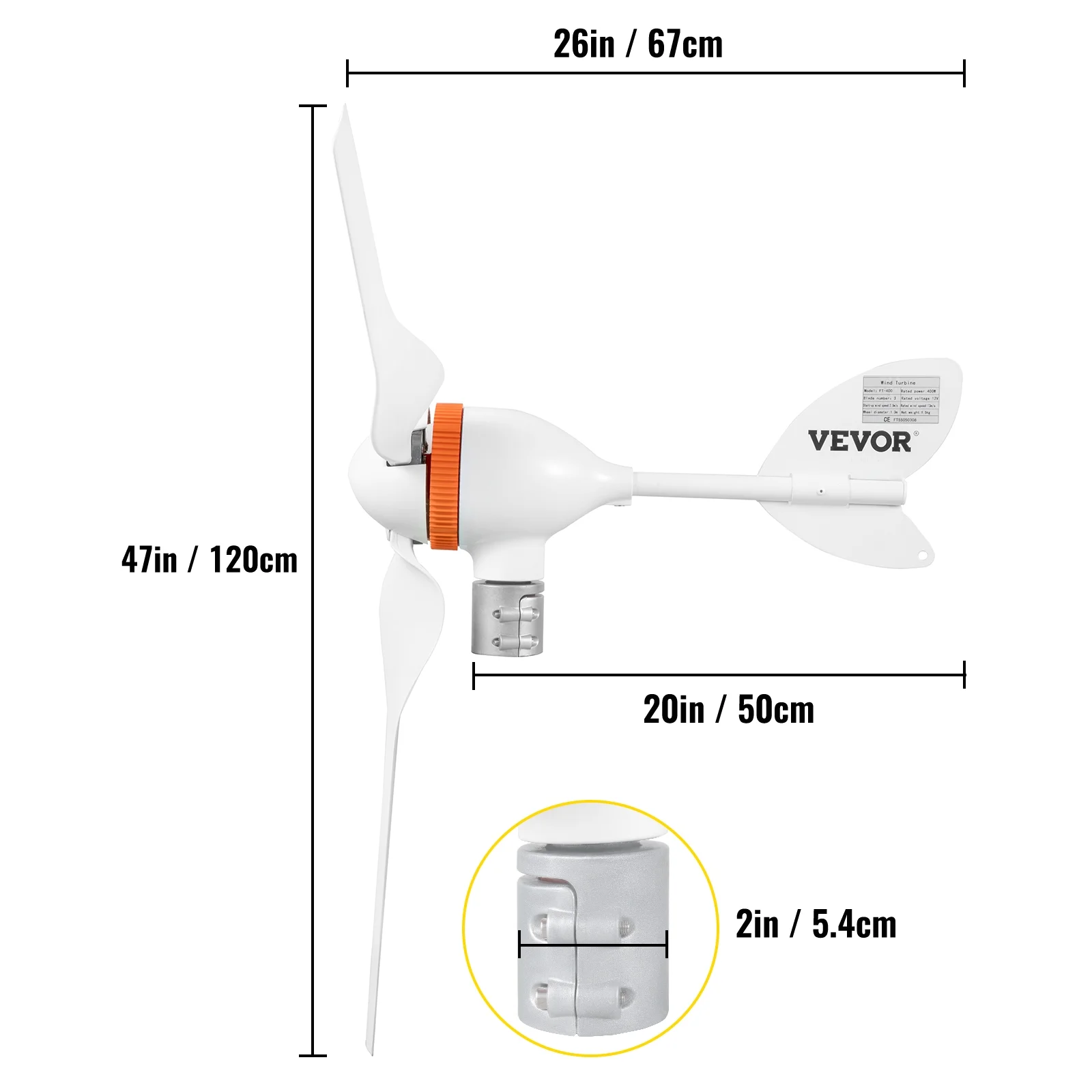 VEVOR Wind Turbine Generator, 12V/AC Wind Turbine Kit, 400W Wind Power Generator with MPPT Controller 3 Blades Auto Adjust Windward Direction Suitable for Terrace, Marine, Motor Home, Chalet, Boat