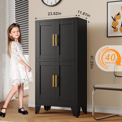 75.2" Tall Metal Pantry Cabinet, Storage Cabinets with 4 Door and 4 Adjustable Shelves, Black Kitchen Pantry Storage Cabinet, Freestanding Cupboard for Kitchen Dining Room Living Room Bathroom