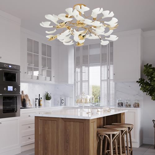 Bedroom Chandelier Ceiling Light, Gold Ceramic Ginkgo Leaf Chandeliers Brass Semi Flush Mount Chandelier Light Fixture for Kitchen Living Room Dining Room, 24" Ceiling Light Fixture