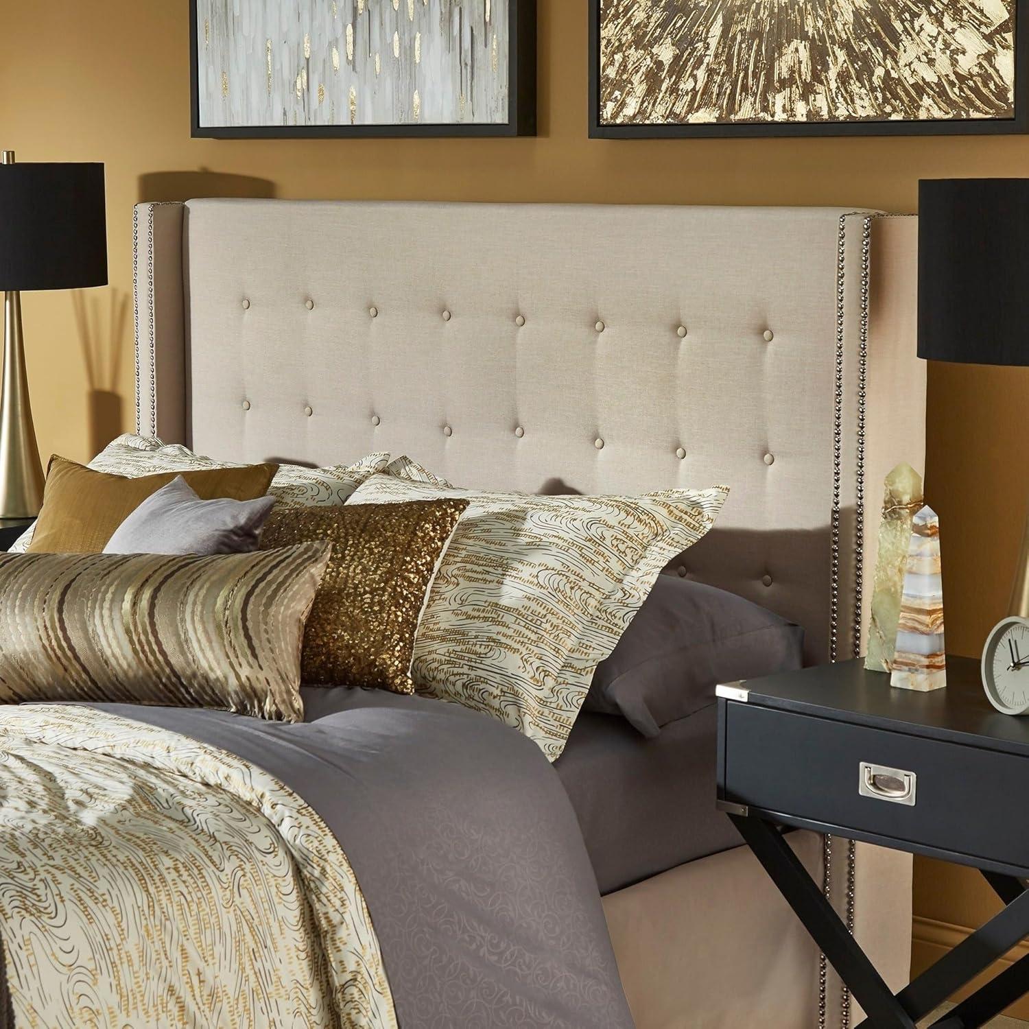 Inspire Q Marion Button-tufted Wingback adboard by Bold Queen Beige Linen Headboard Espresso Finish Queen