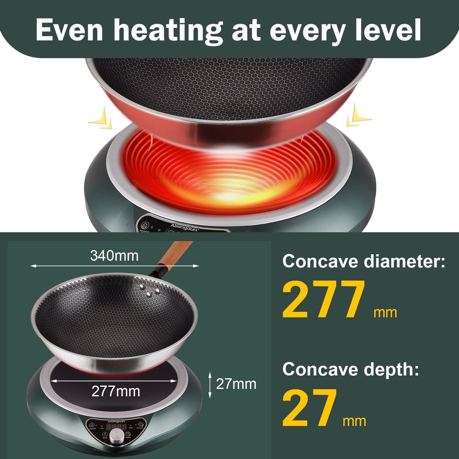 Induction Wok Cooktop 1700W 120V Concave Induction Cooker Wok Burner(Authentic 13.4-inch 304 Stainless Steel Cooking Wok Pan Included) Electric Stove Hot Plate with Large Coil