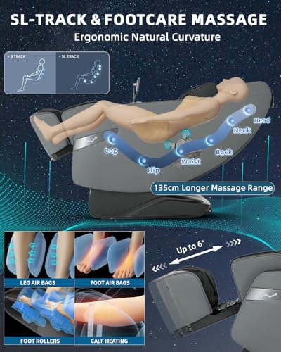 3D Full Body Massage Chair, Zero Gravity with Heat, 12 Auto-Modes, Shiatsu Foot & 55“ SL-Track, 28 Airbags, Footcare Massage, Grey