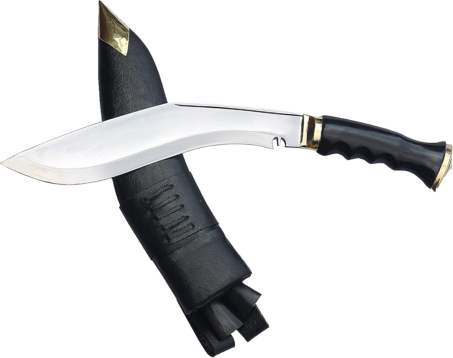ESK GROUP ESK HANDMADE KUKRI KNIFE MACHETE - 10.5 INCH CARBON STEEL BLADE and 5 INCH HORN HANDLE WITH BLACK COLOUR GENUINE LEATHER SHEATH AND TWO SMALL KNIVES, MADE IN NEPAL