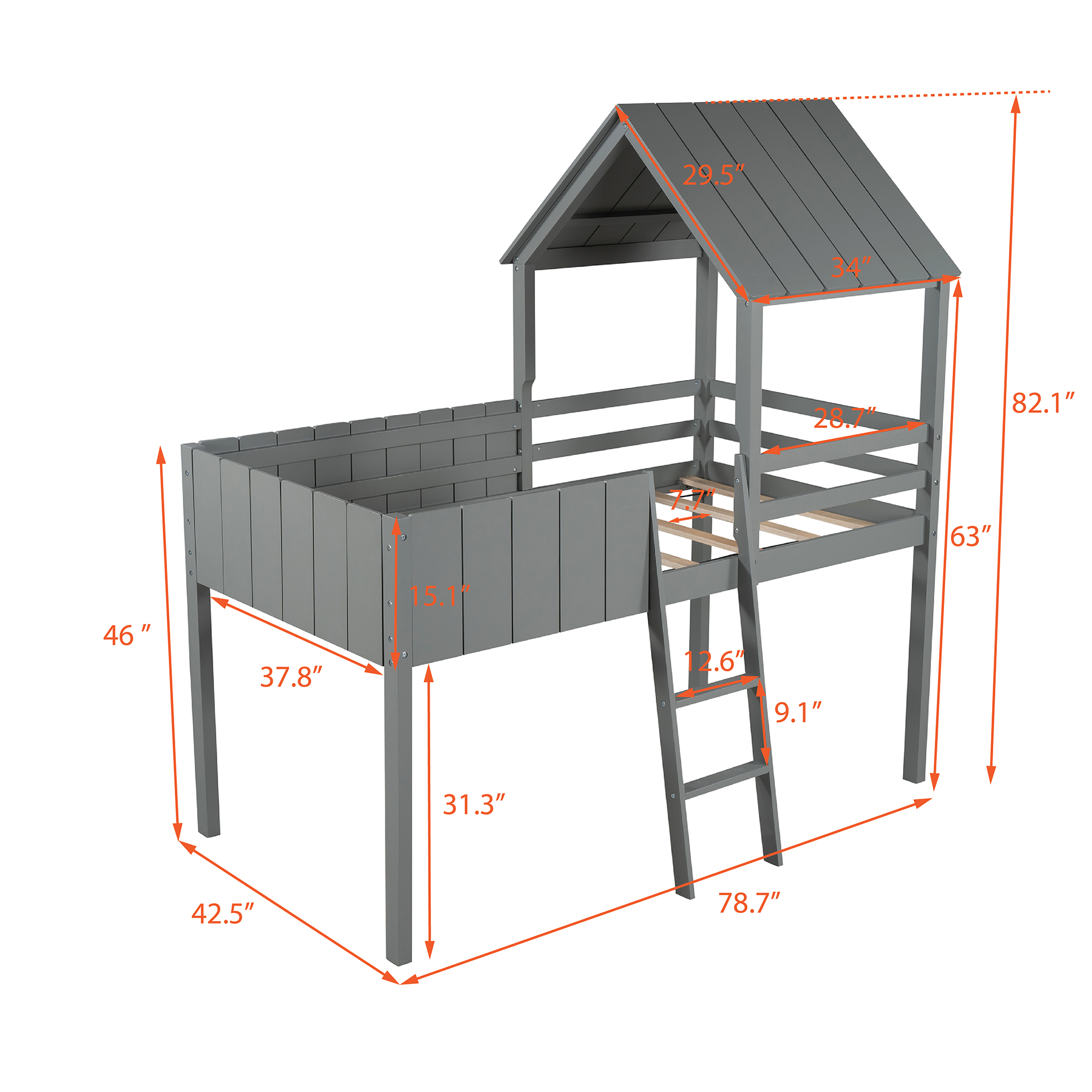 Gray Twin Size Wood House Loft Bed with Roof, Guardrail, Ladder